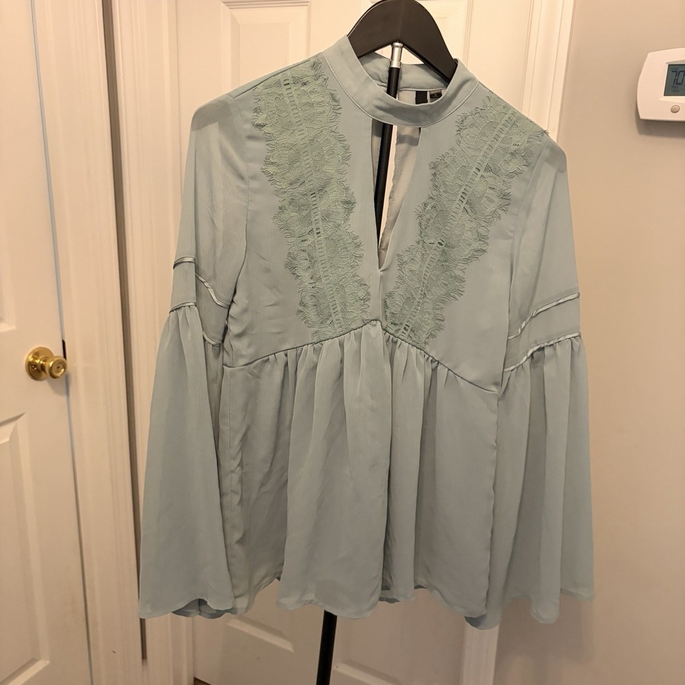Three Hearts Mint Green‎ Lace Choker Neck Babydoll Blouse Fairycore Coquette EUC